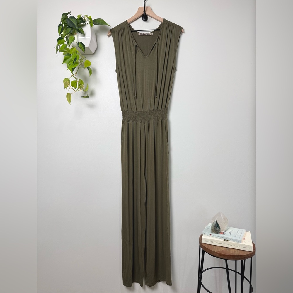 Michael Stars Olive Green Jumpsuit Wide Leg Sleeveless Ruched Waist XS